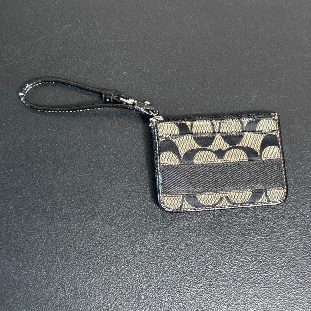 Coach Signature Stripe Monogram‎ Black Leather Wristlet Card Wallet